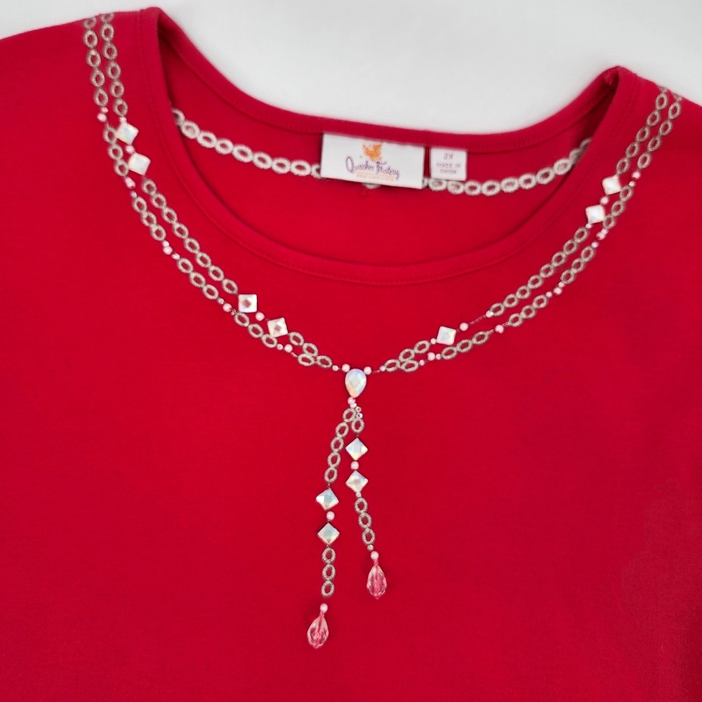 Quacker Factory Womens Bright Pink Rhinestone Beaded Top 2X Glam Festive Sparkle - Picture 1 of 10